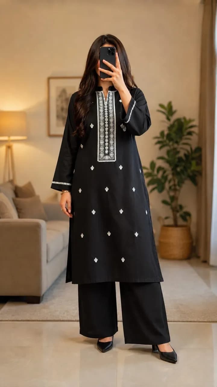 Classic Black Embroidered Lawn Kurta & Wide-Leg Trouser Set (Medium) — image 1