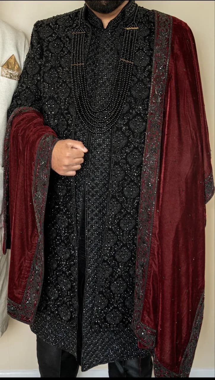 Black & Burgundy Pakistani Groom Sherwani – Embroidered Wedding Set