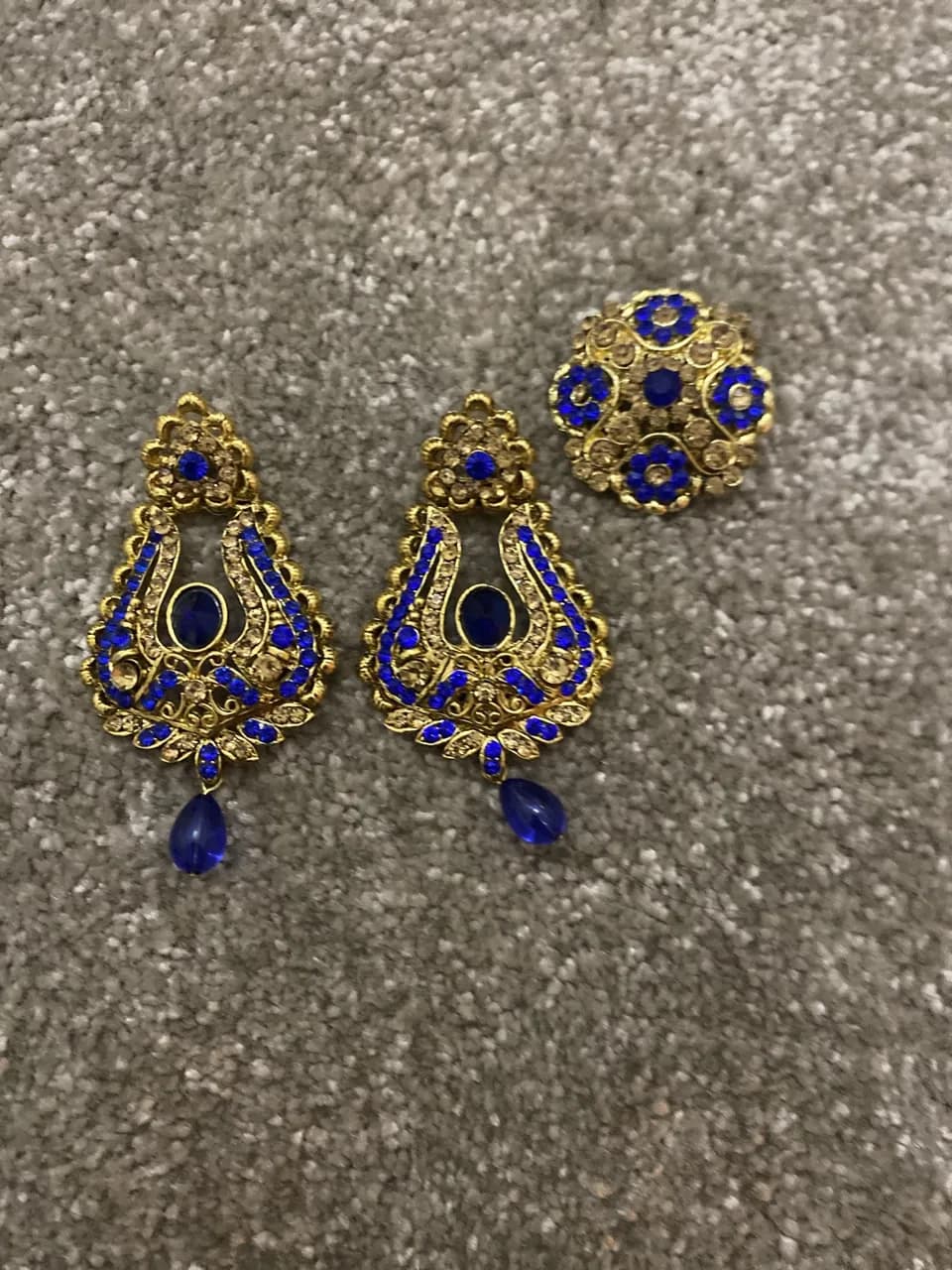 Gold and Blue Earrings And Ring Set