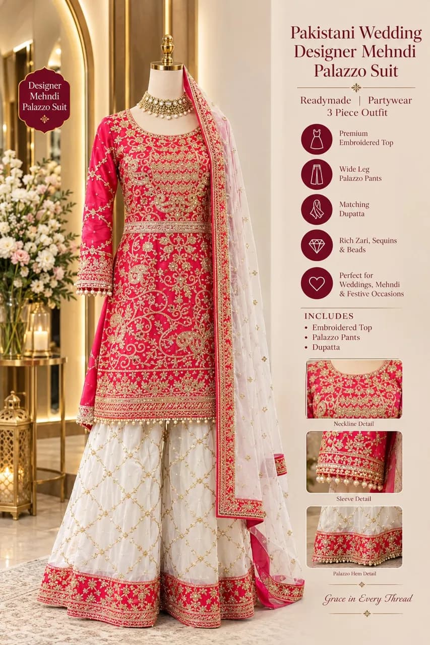 wide Palazzo Mehndi suit hot pink and white gold embroidery Readymade Lehnga Pakistani Wedding desinger Partywear outfit — image 1