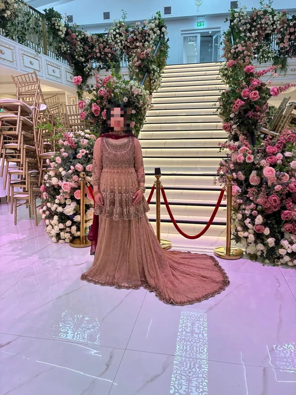 Kanval By Design Bridal Lengha nude pink with red dupatta — image 1