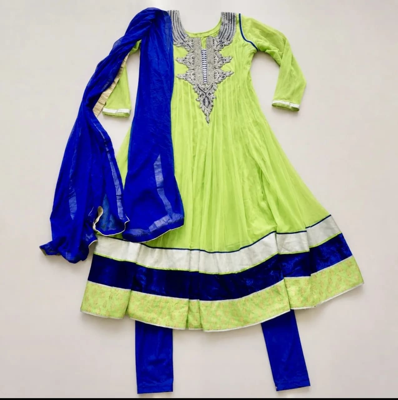 Pakistani lime green and royal blue Anarkali suit UK 10-12