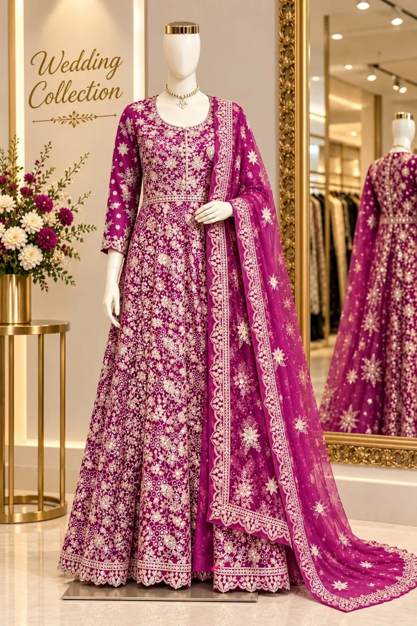 Wedding dress Readymade Abaya style open front embroidered jacket layer Maxi outfit Magenta Pink — image 1