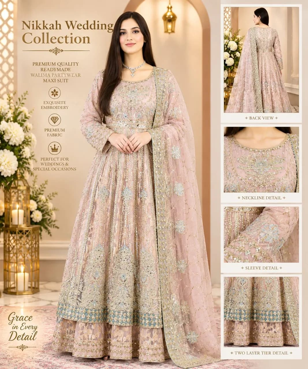 Nikkah wedding light pink anarkali 2layers dress Indian Pakistani Maxi readymade Barat Walima Partywear suit — image 1