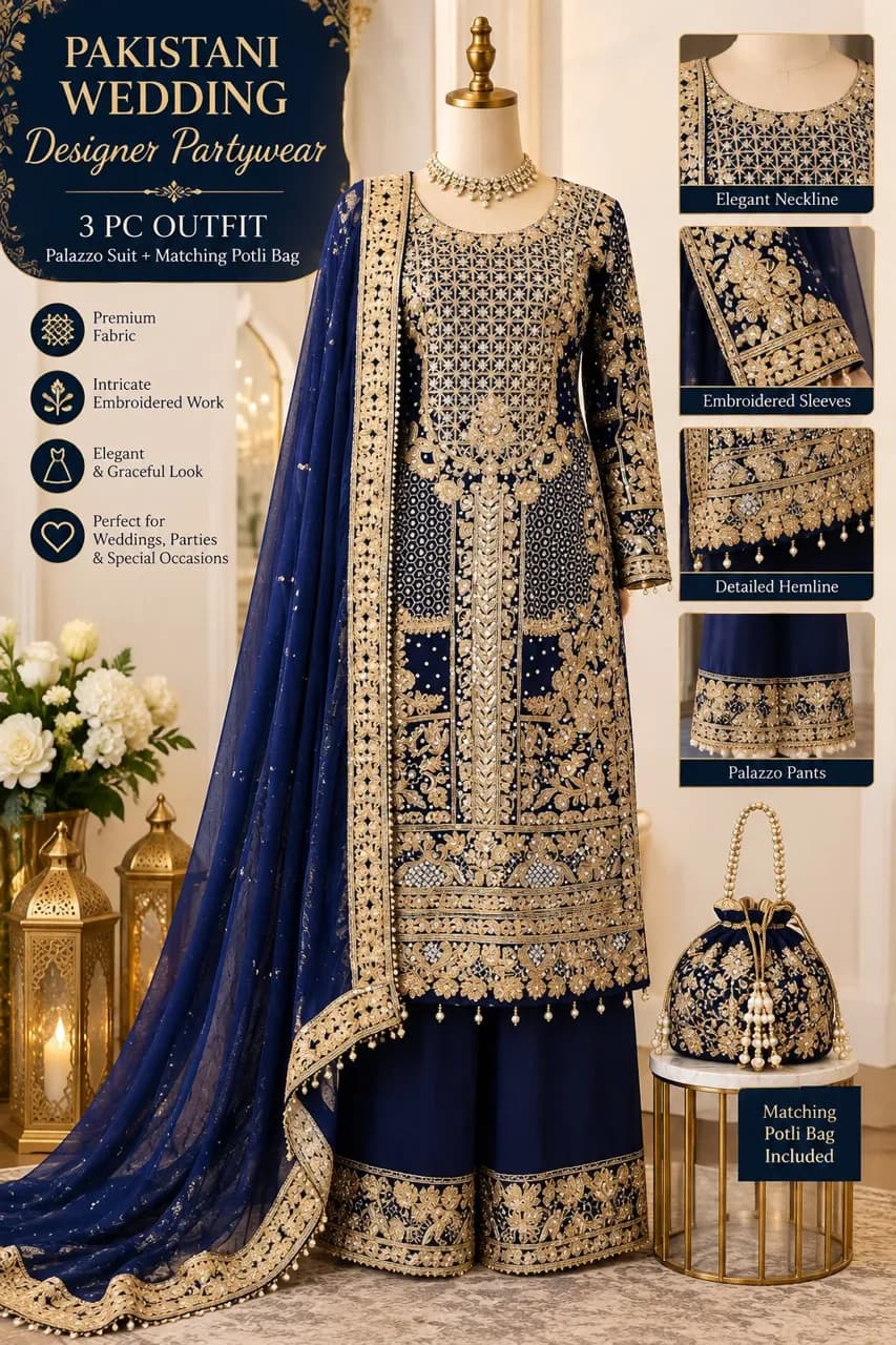 Pakistani Wedding Designer outfit Partywear 3PC Navy blue Gold embroidery Palazzo salwar kameez Suit with matching Potli Bag