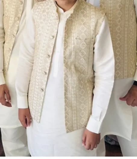 Boys Cream shalwar kameez with gold waistcoat