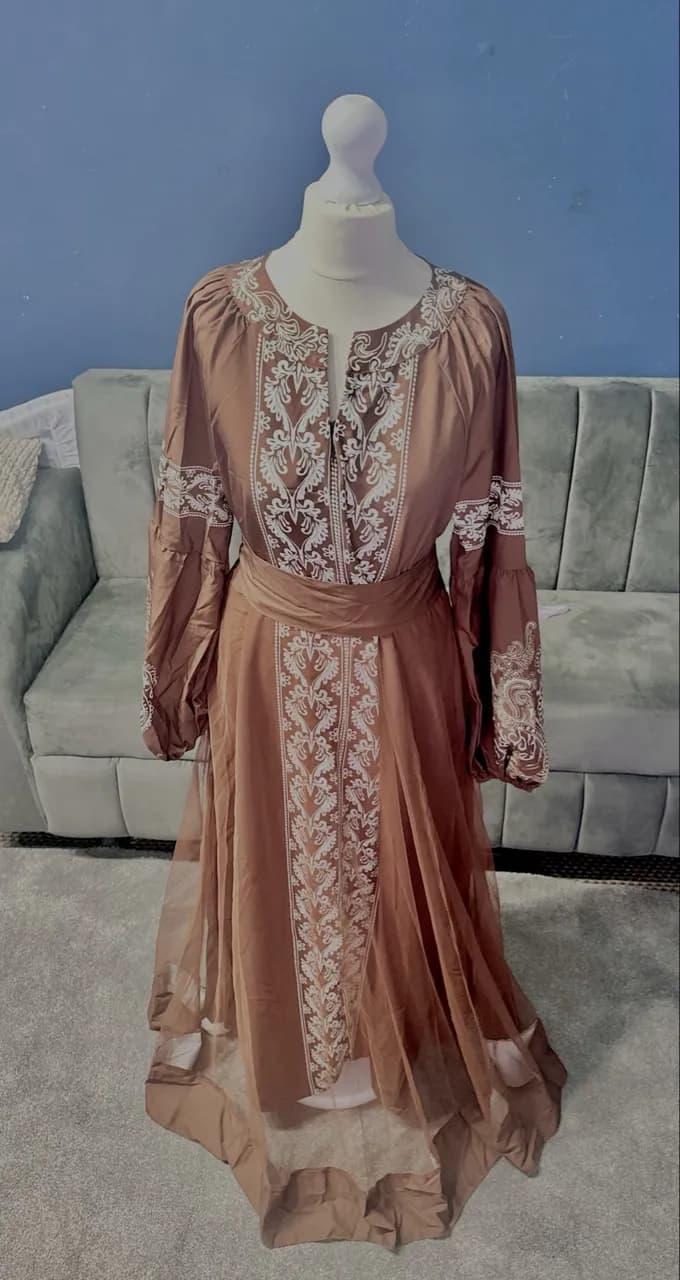 Brown Embroidered Maxi Dress with Belt — image 1