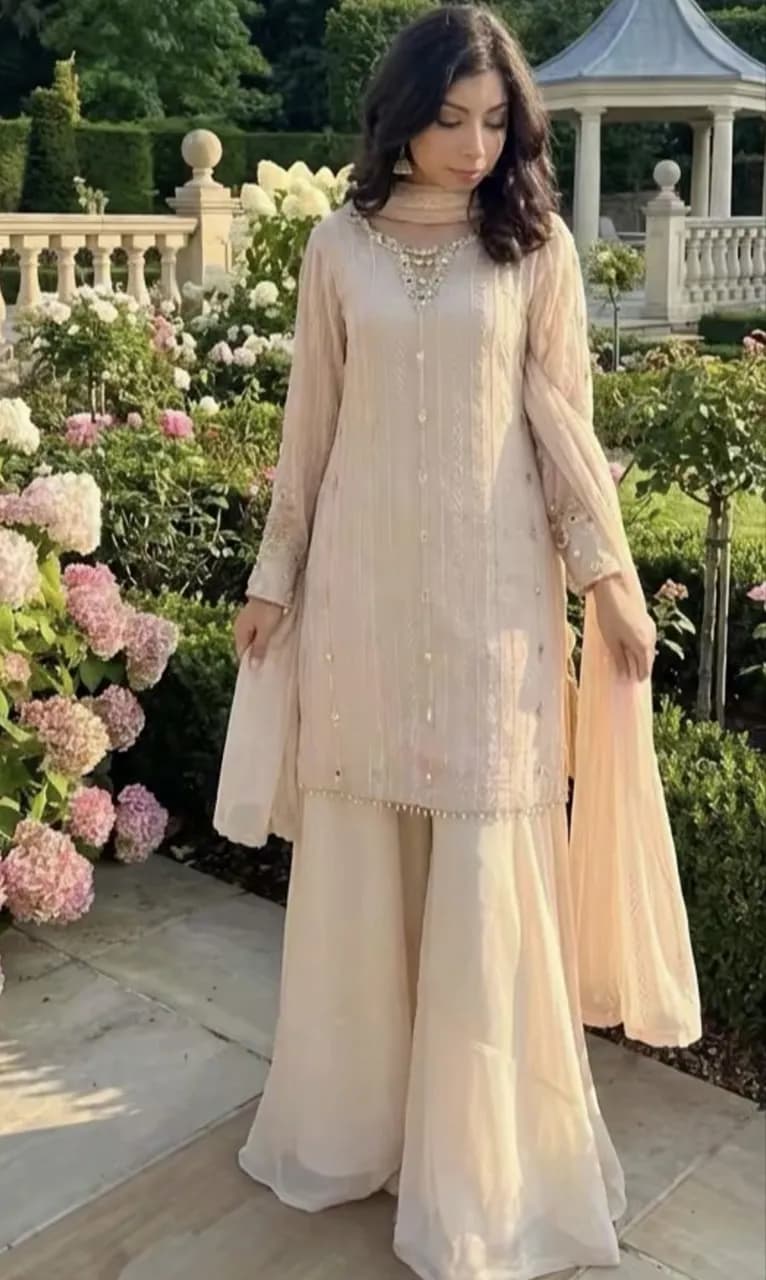 Beige embroidered suit with mirror work and gota — image 1