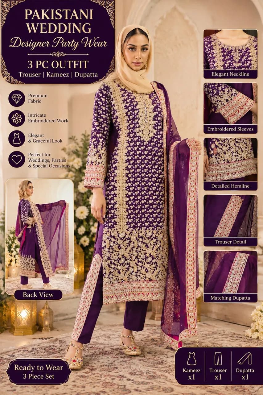 purple gold embroidery Trouser salwar Kameez Suit heavy Embroidered bride's mum groom family party wear