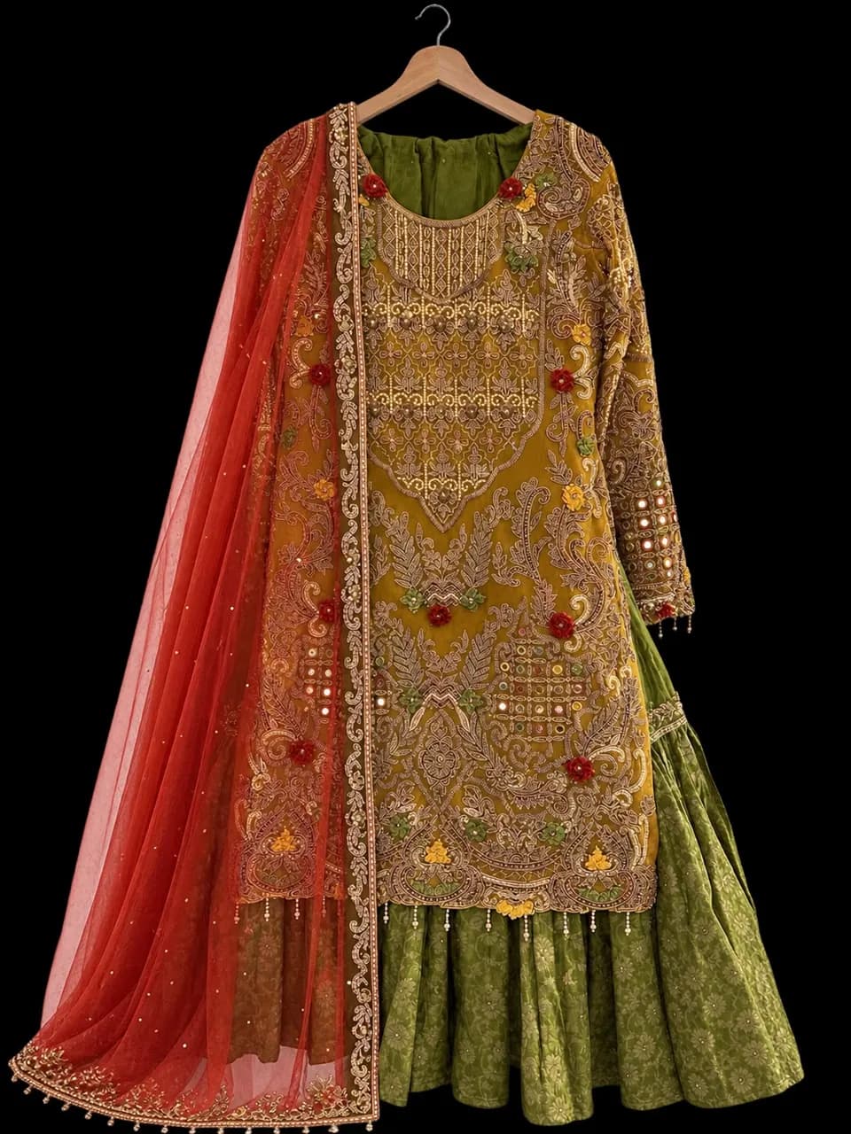 embroidered green lehenga 3 piece wedding outfit — image 1