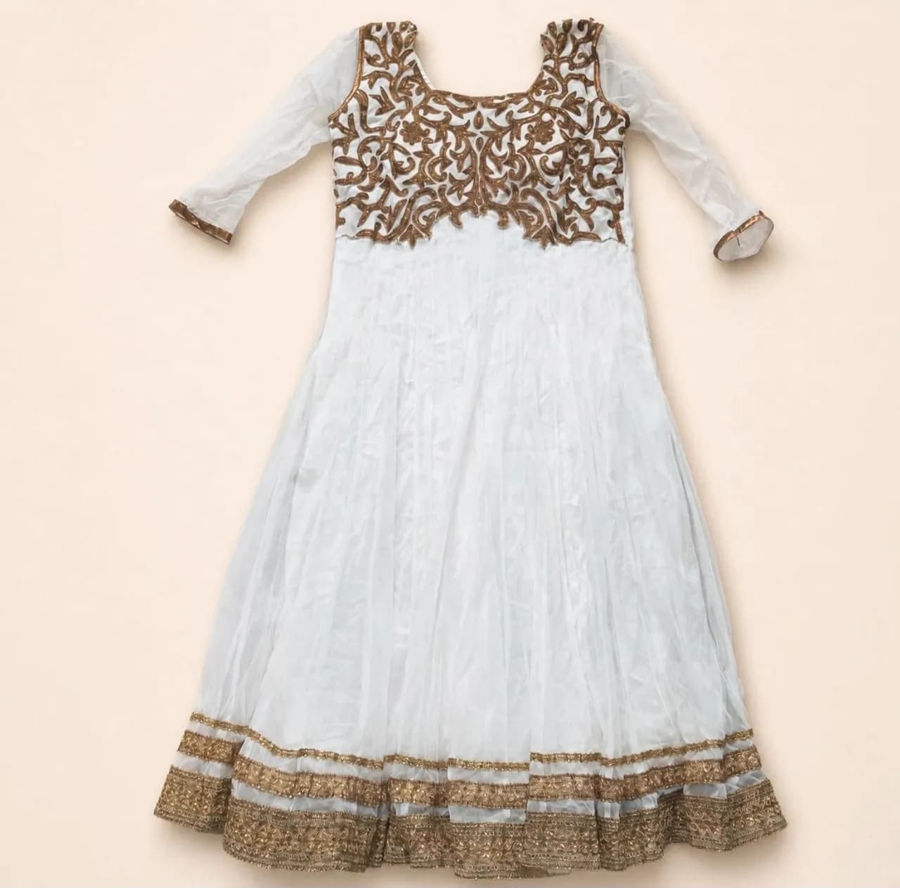 White & Gold Anarkali Dress | Indian Wedding Guest Outfit | UK 12-14