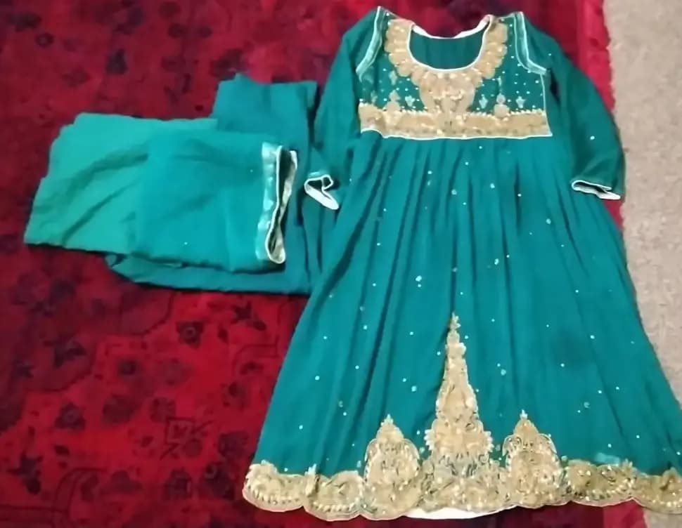 Teal Green Embroidered Traditional Dress & Trousers, kamis, scarf set — image 1