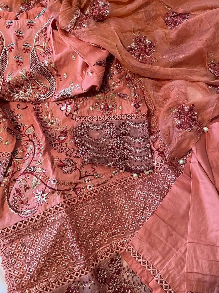 Afrozeh Original Pakistani Designer Readymade Embroidered luxury cotton pink peach lawn suit — image 1