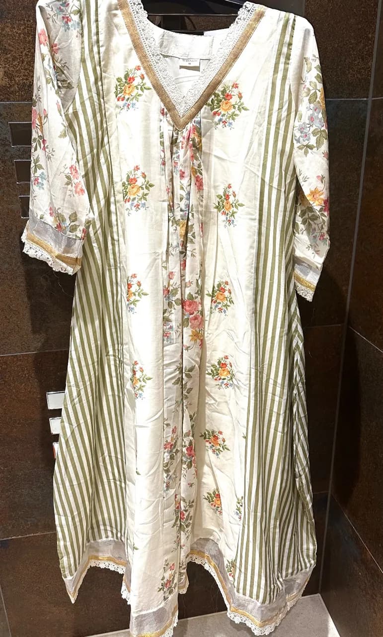 Cream, green stripes and floral coord set