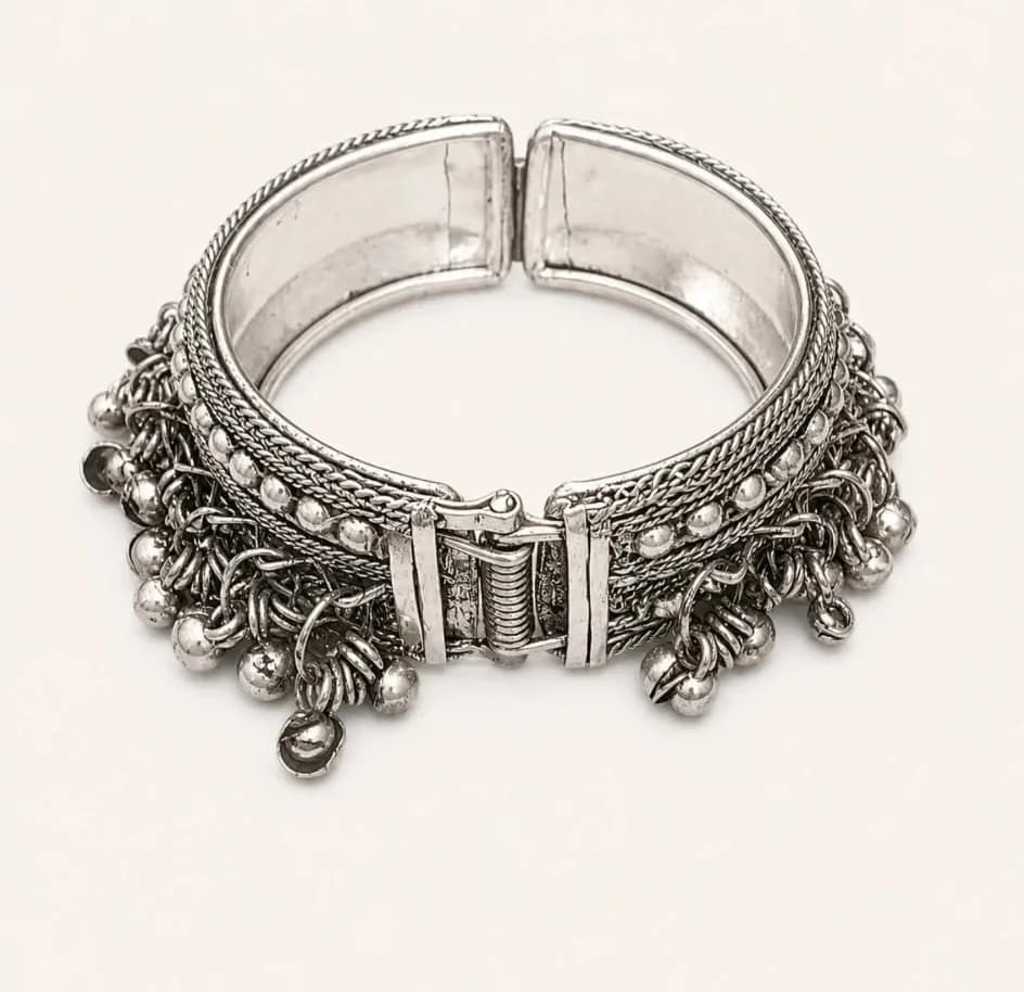 Vintage Ethnic Tribal Silver Tone Cuff Bracelet with Dangling Bells Boho Statement Jewellery — image 1