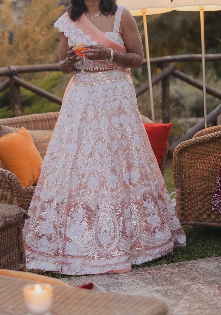 Manish Malhotra Blush Peach Pearl-Embroidered Lehenga Set