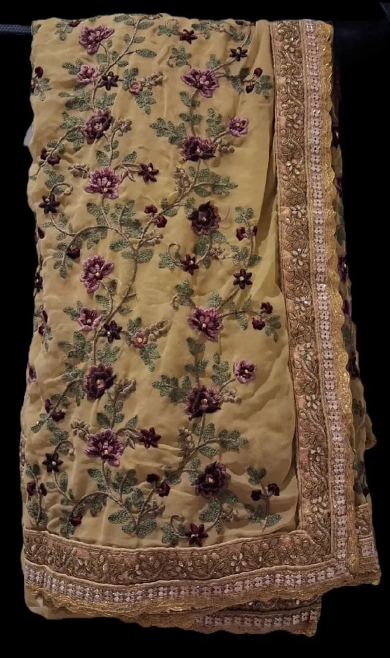Mustard Gold Embroidered Saree Floral Threadwork Wedding Party Wear — image 1