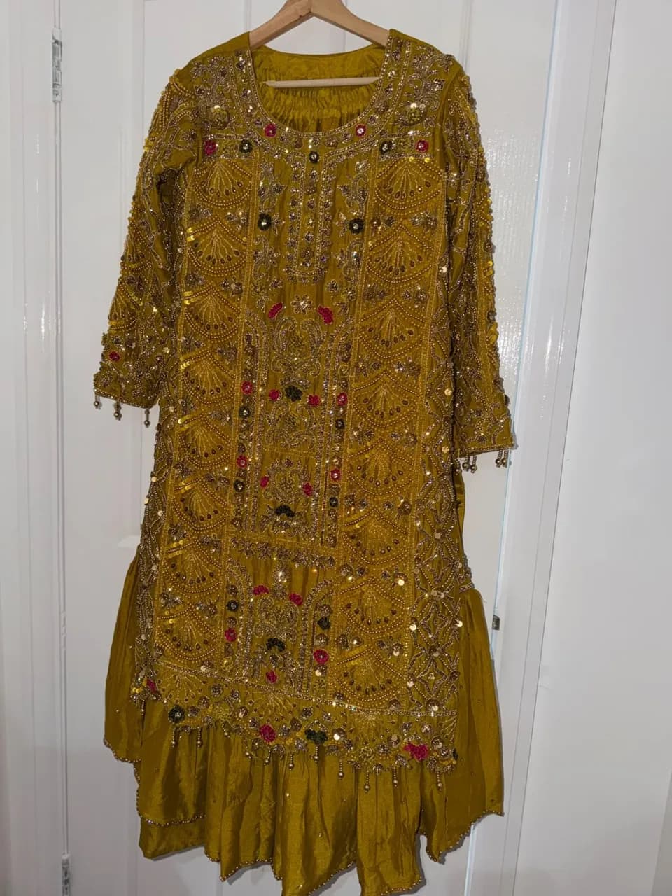 heavy embellished mustard asian party dress – size small — image 1