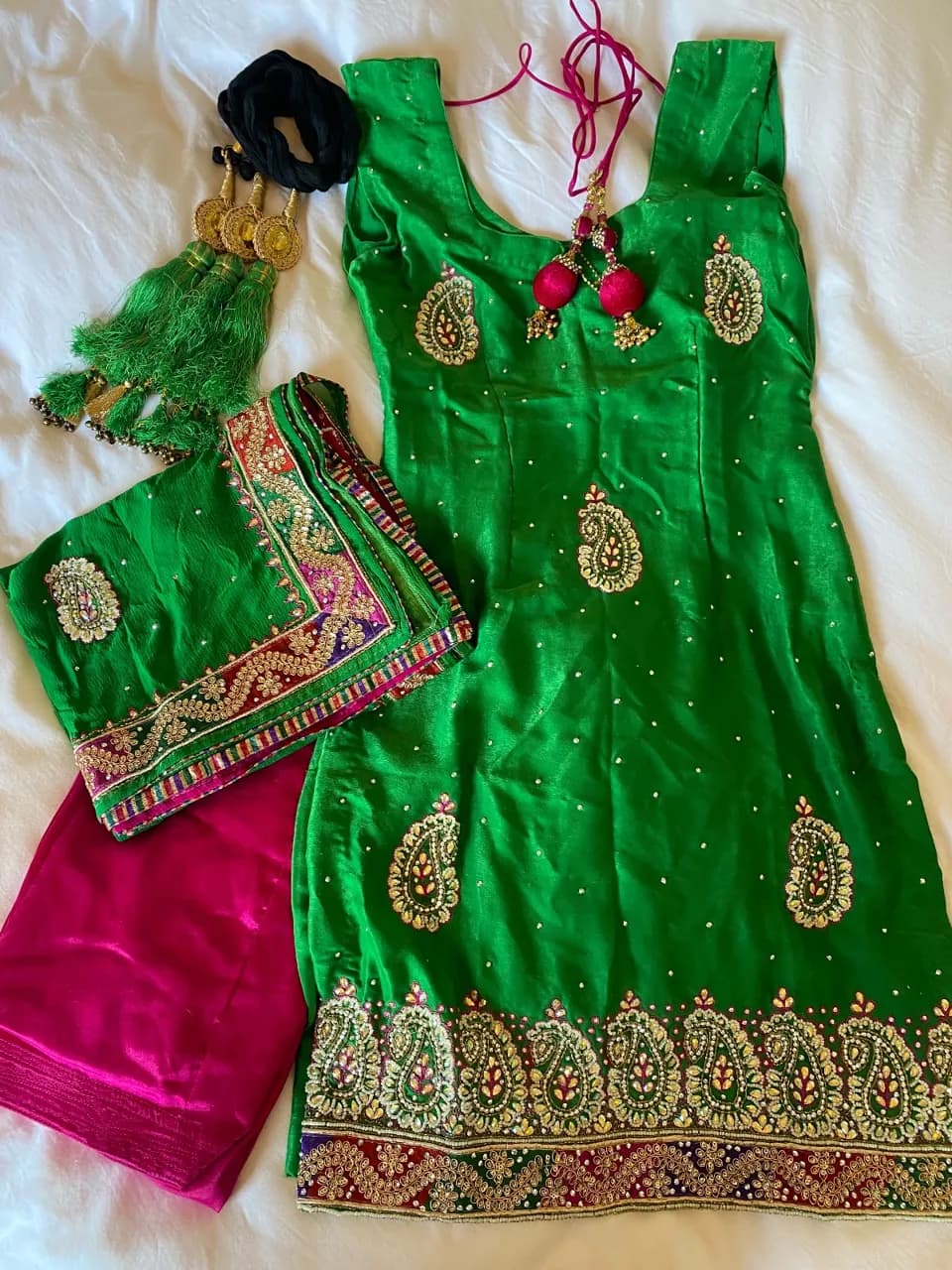 Emerald Green & Fuchsia Heavily Embellished 3-Piece Traditional Suit - OBO