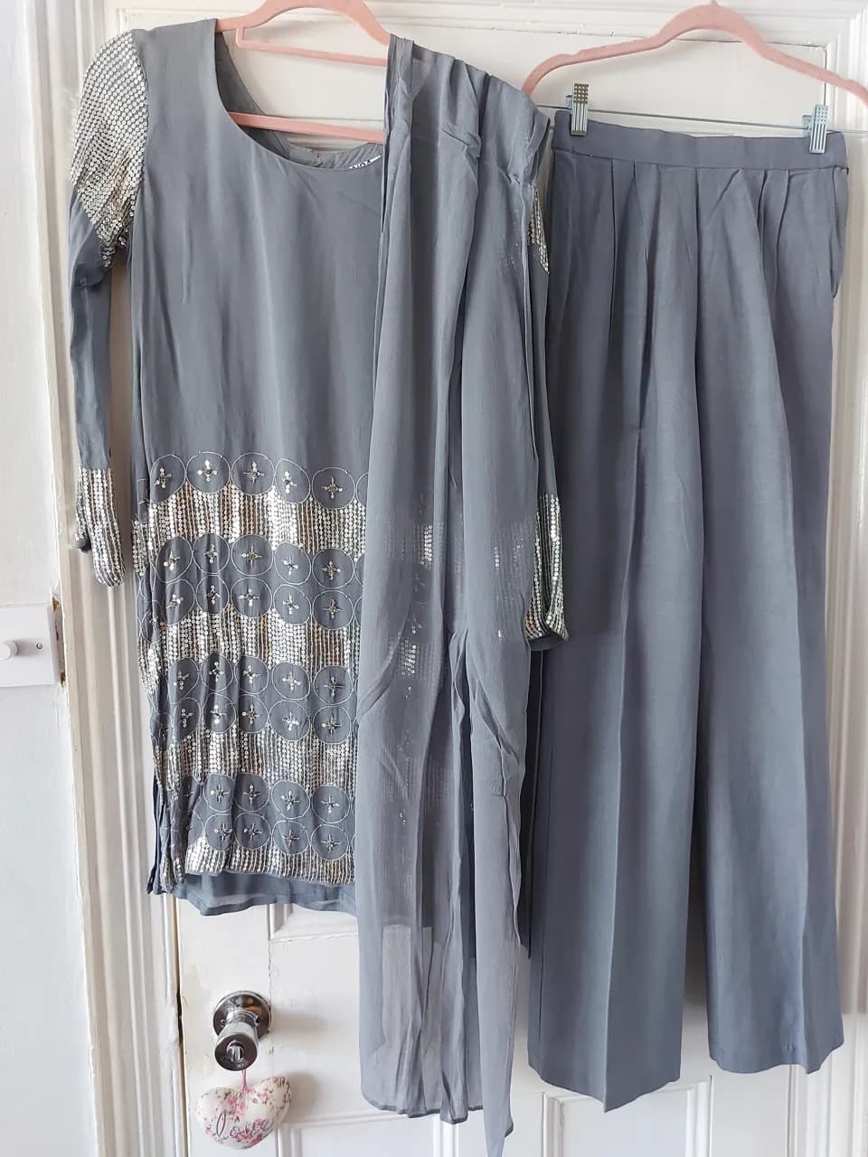 Saiqa Majeed 3-piece kameez in a slate grey shade with heavy embellishments.