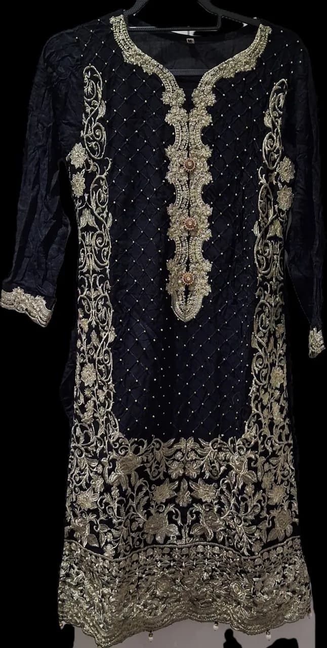 Black Pakistani 3-Piece Formal Suit Set - Heavy Gold Embroidery Kurta Salwar Dupatta - Size M — image 1