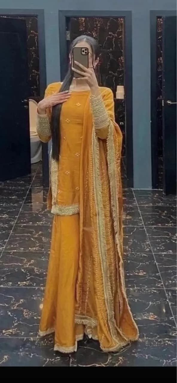 Mustard sharara with delicate embroidery — image 1
