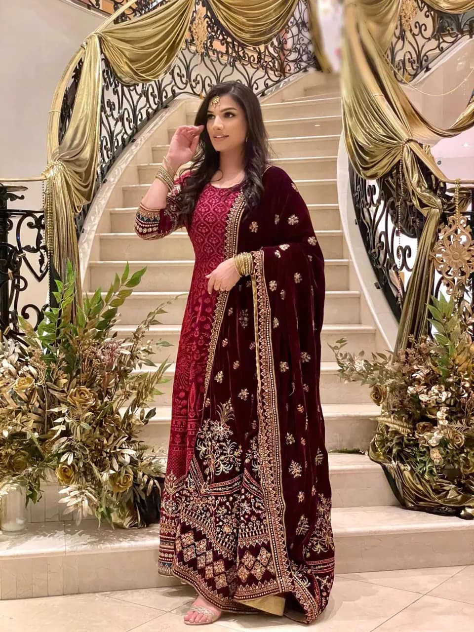 Maroon & Gold, Baroque Gown and Velvet Scarf