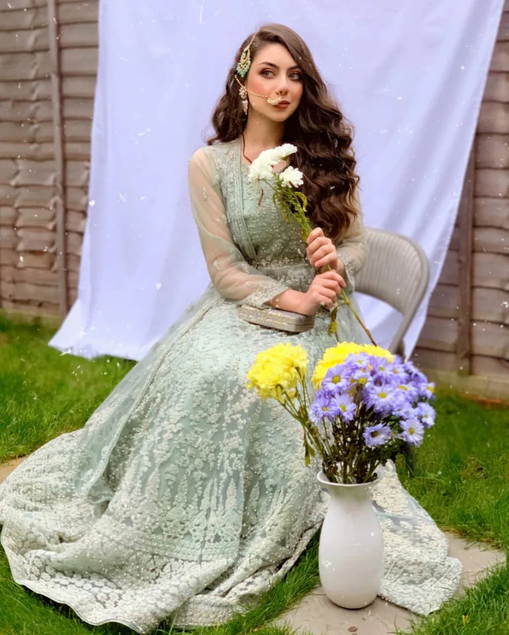 Sage green embellished maxi dress and gown — image 1