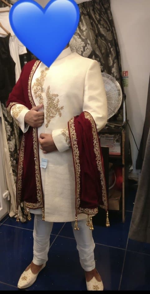 Geetas men’s wedding sherwani outfit with maroon shawl, turban and ivory shoes size 9 — image 1