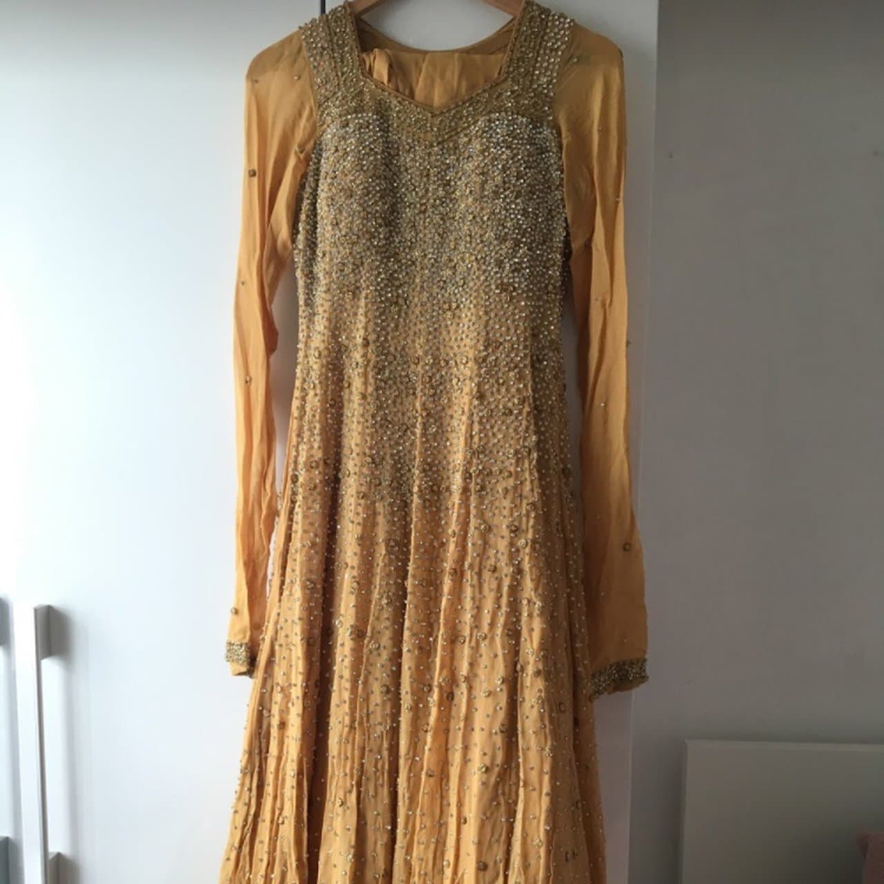 Mongo’s Brand Pakistani wedding bridal Party heavy detailed embroidered gold dress — image 1