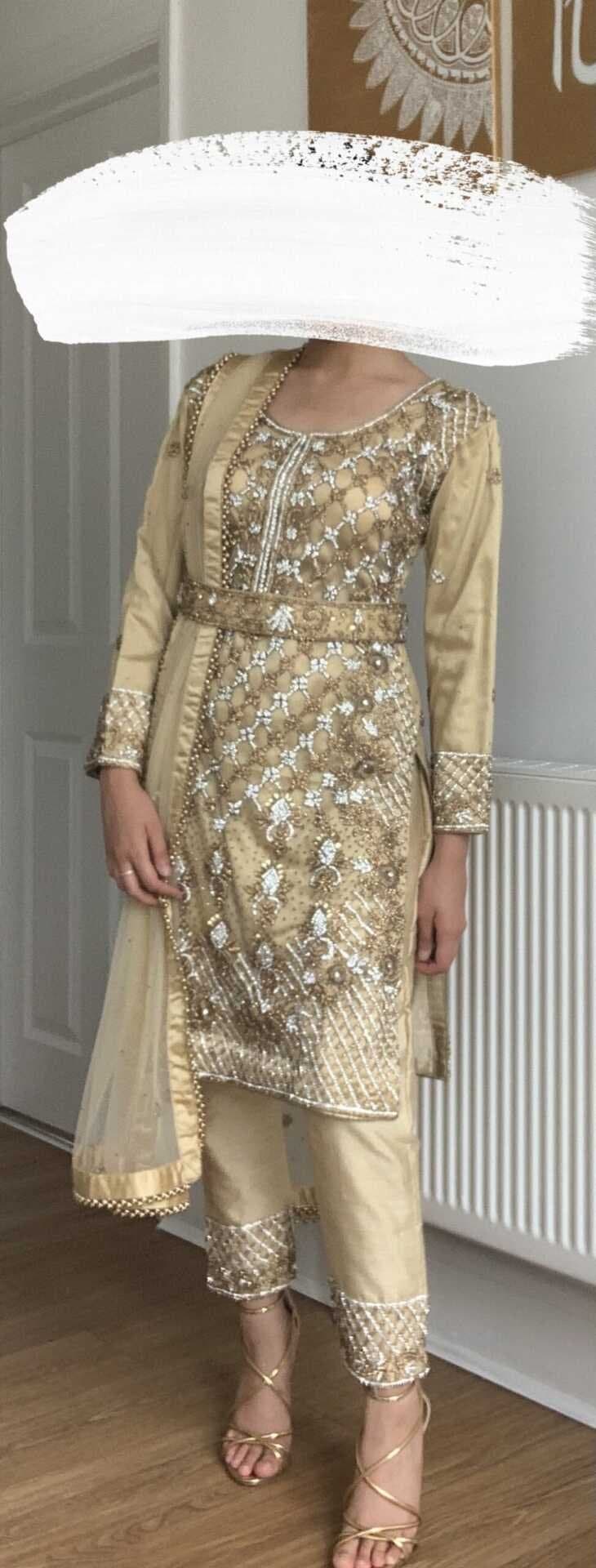 Gold kameez and trouser with dupatta and belt — image 1
