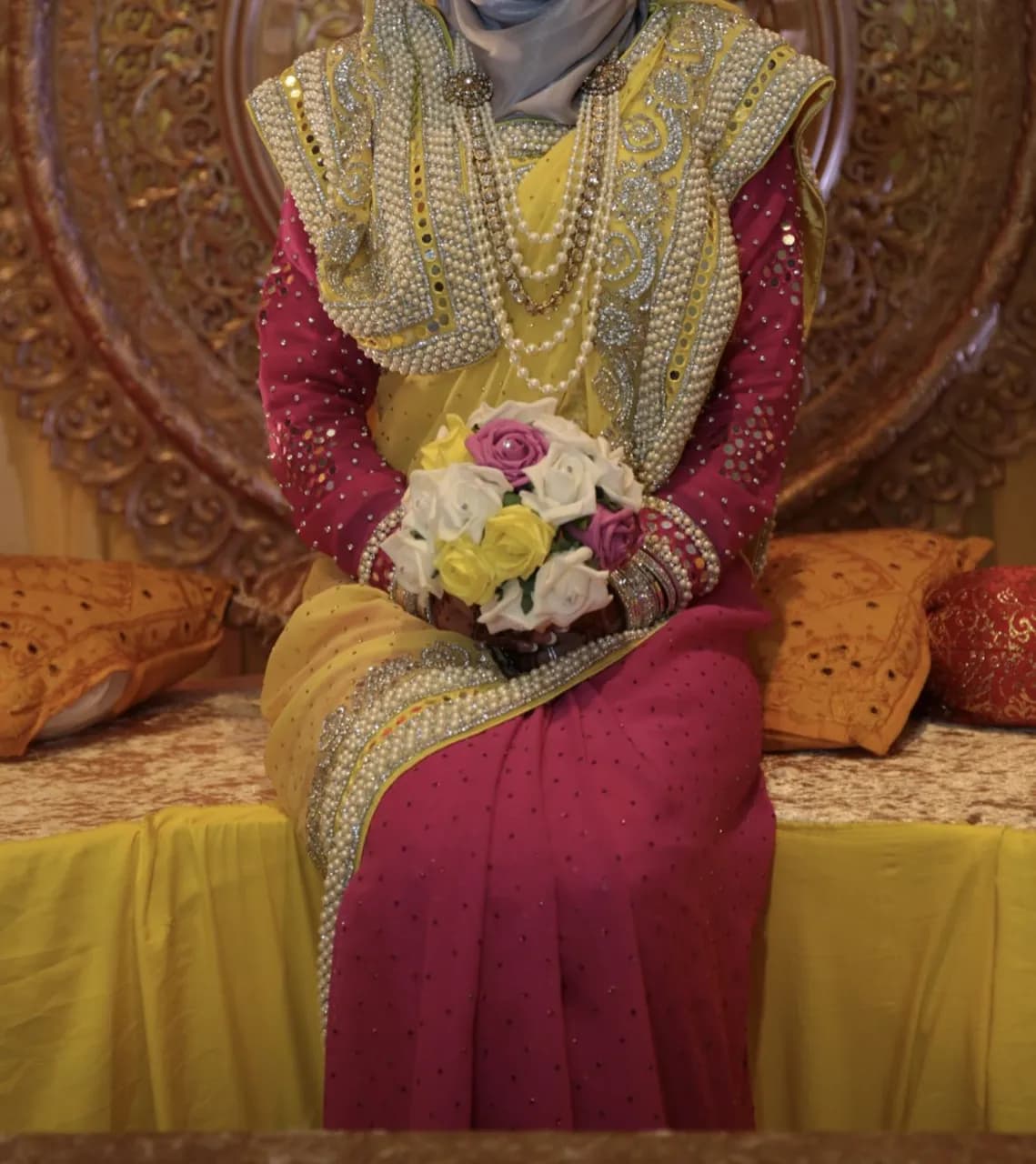 Pink and yellow saree — image 1