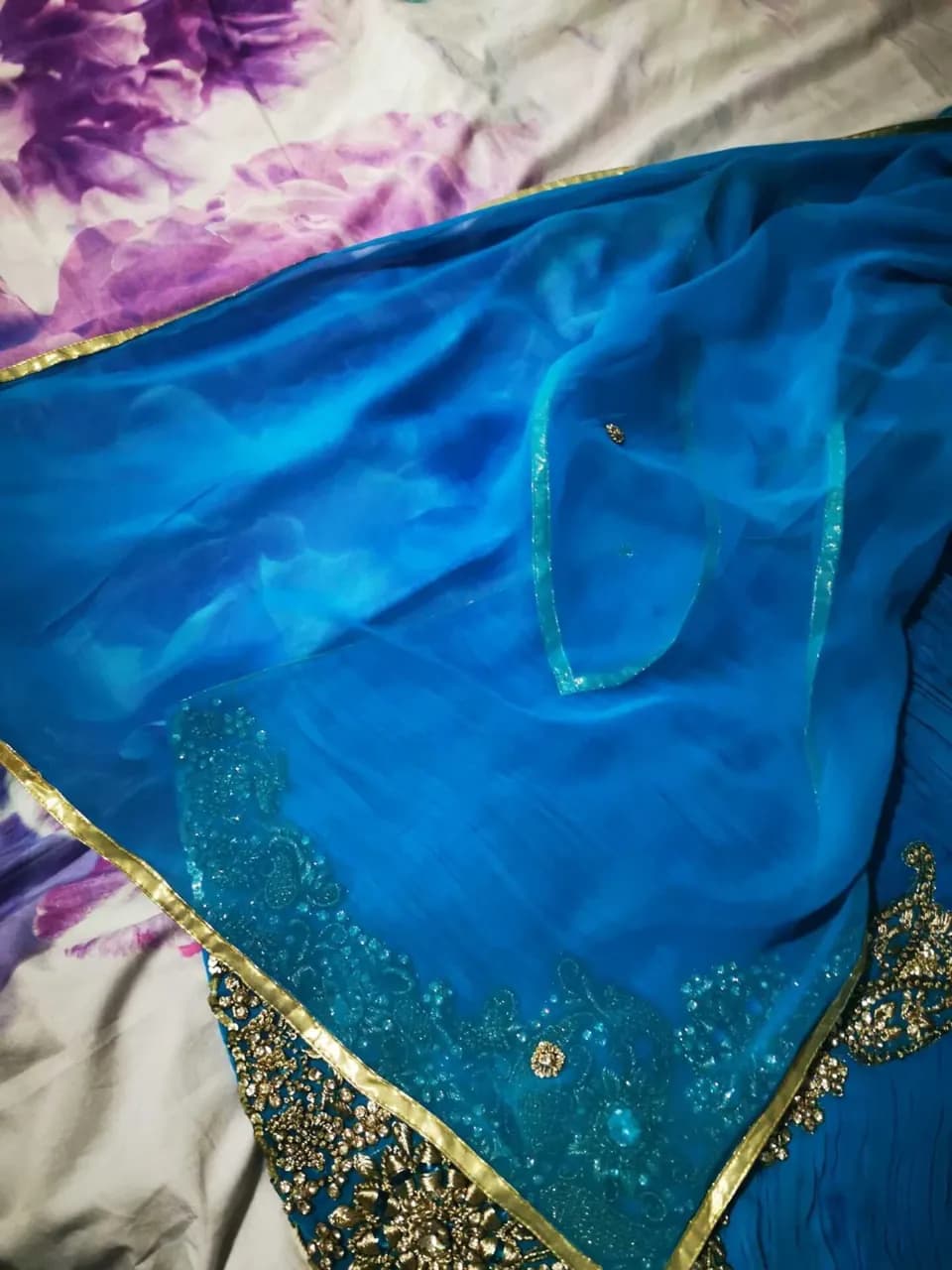 3 piece party wear, blue and gold churidaar suit — image 1
