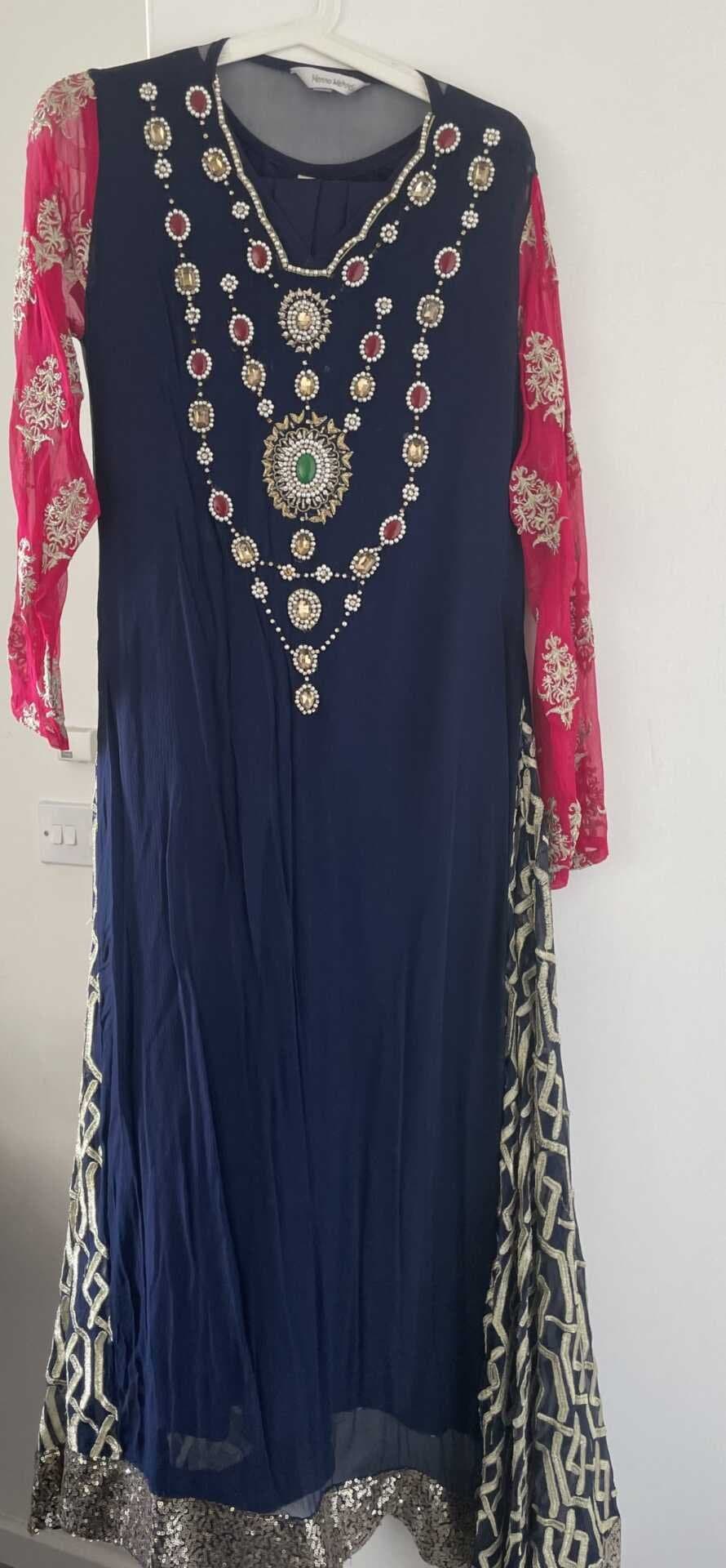 Navy Pakistani chiffon long dress with hand embroidered and gems on the neckline size 8-10 — image 1