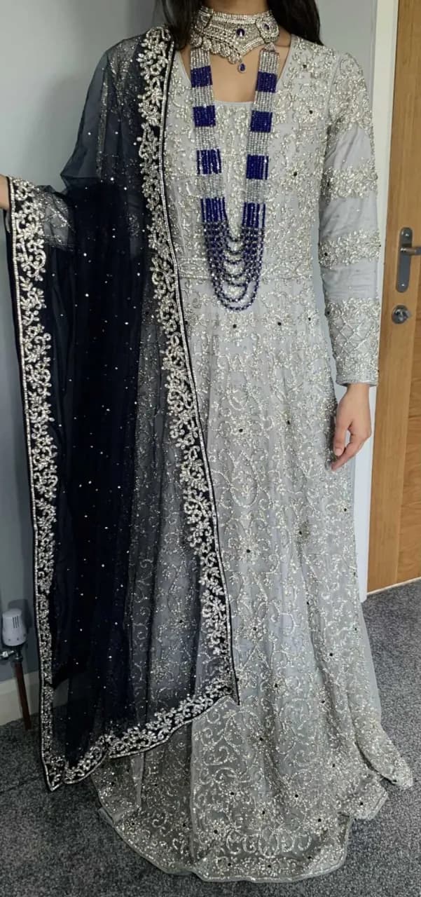 Bridal/Party (3pc) Silver Dress- with shawl & jewellery — image 1