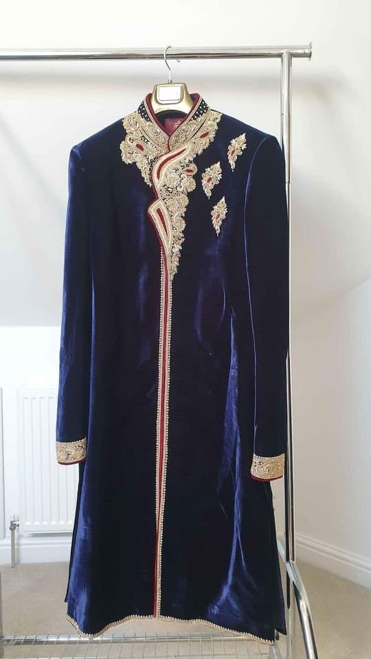 Navy Blue Velvet Medium Wedding Groom Sherwani — image 1