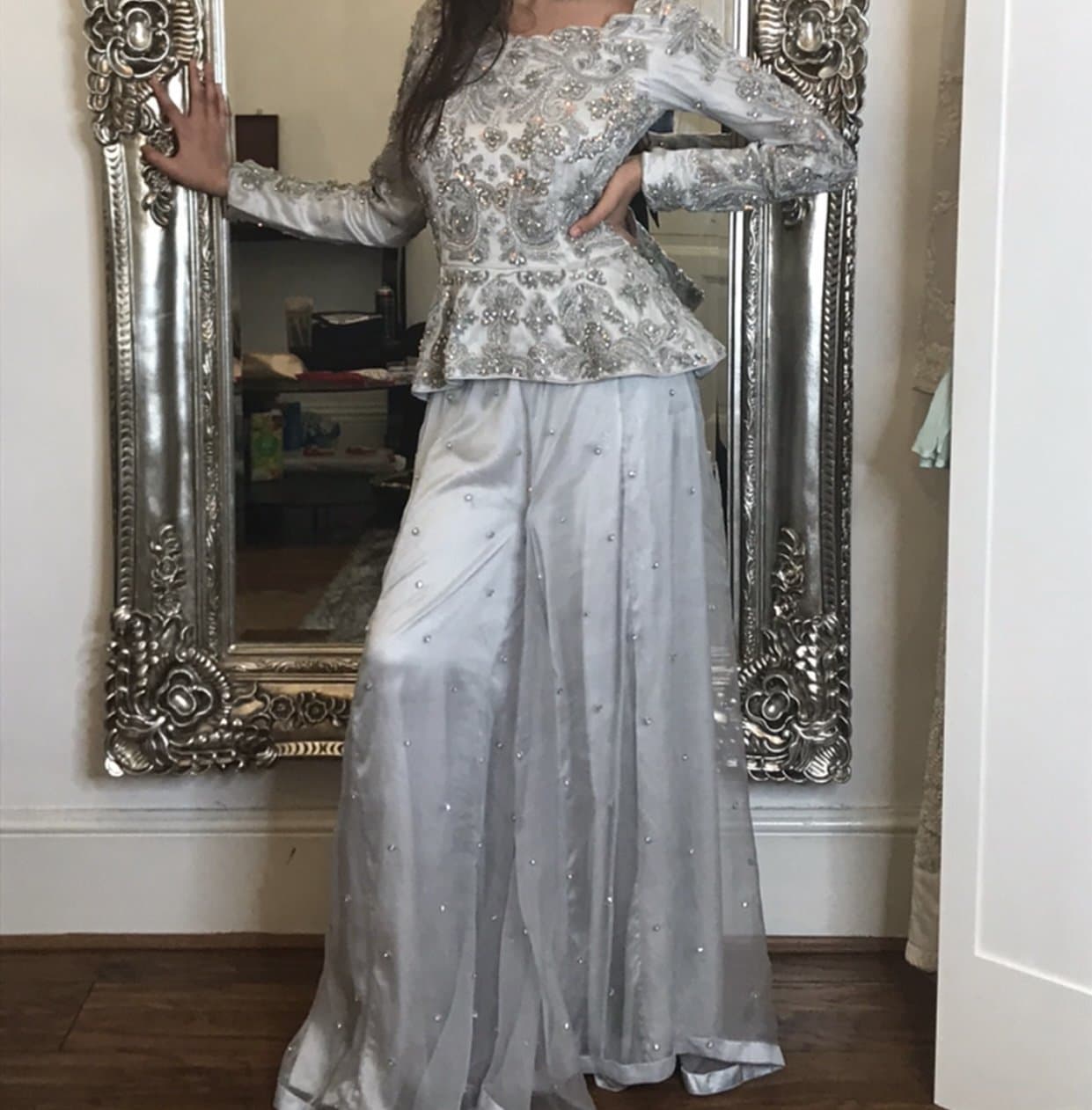 Asian bridesmaid grey lengha saree peplum style — image 1