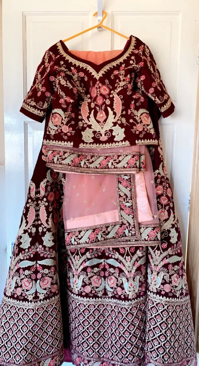 Asian Bridal wear Red velvet top skirt and dupatta — image 1