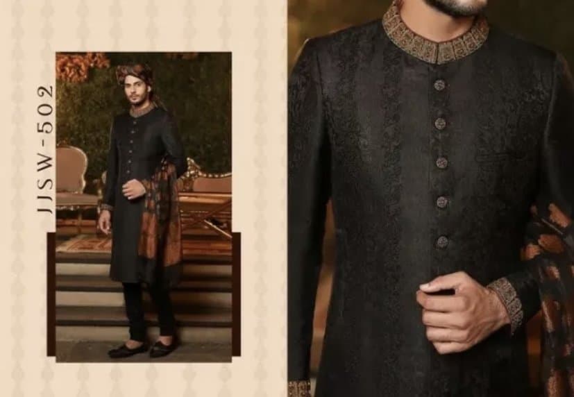 BRAND NEW NEVER WORN Junaid Jamshed Black Sherwani - With Khussa Shoes and White Inner - Size M