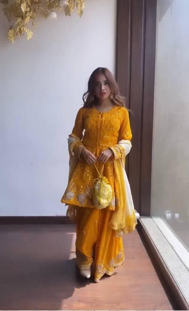 Heavy embroidery georgette indian dress/ gharara plazzo with dupatta — image 1