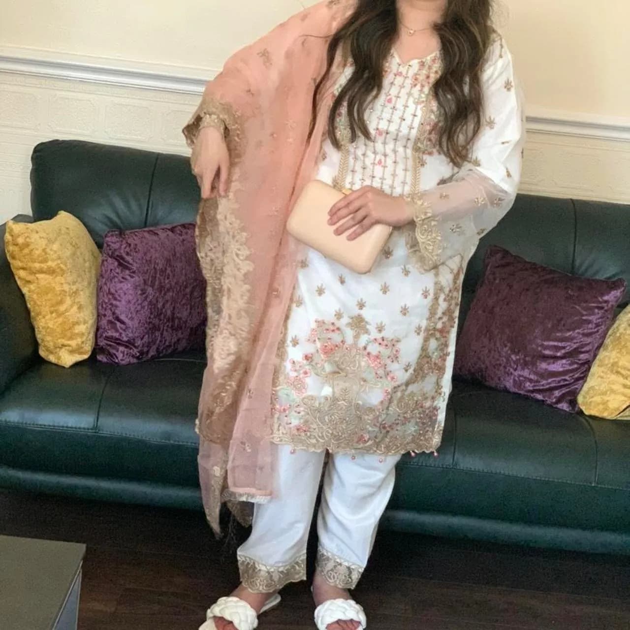 White designer pakistani suit with pink dupatta — image 1