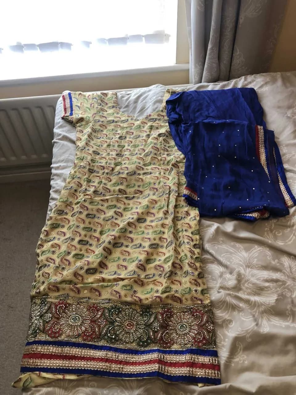 Cream Suit with Blue/Green and Red Jewels with Salwaar and Chunni — image 1