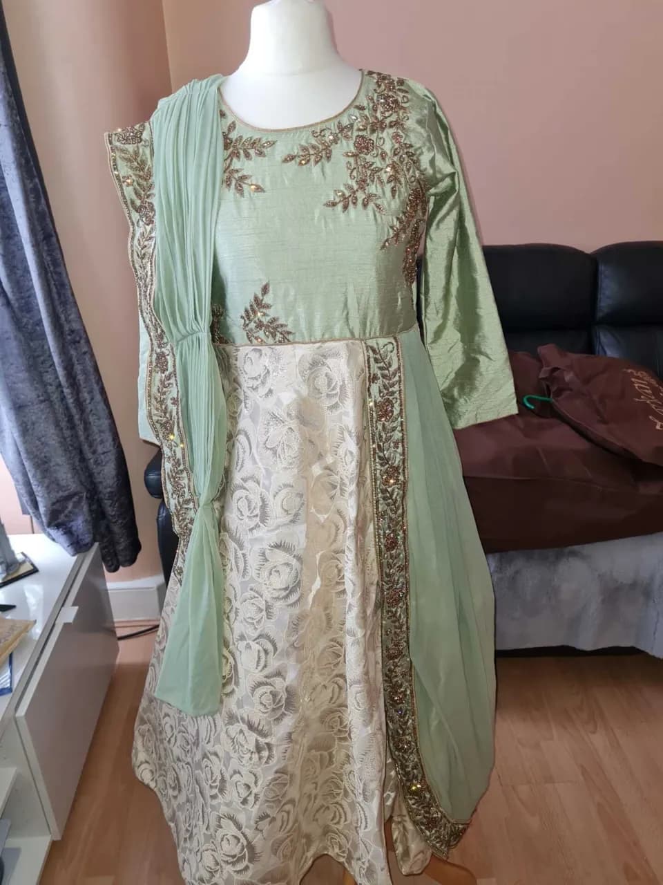 BRAND NEW IN PACKAGING Mint Green and Gold Sari Dress — image 1