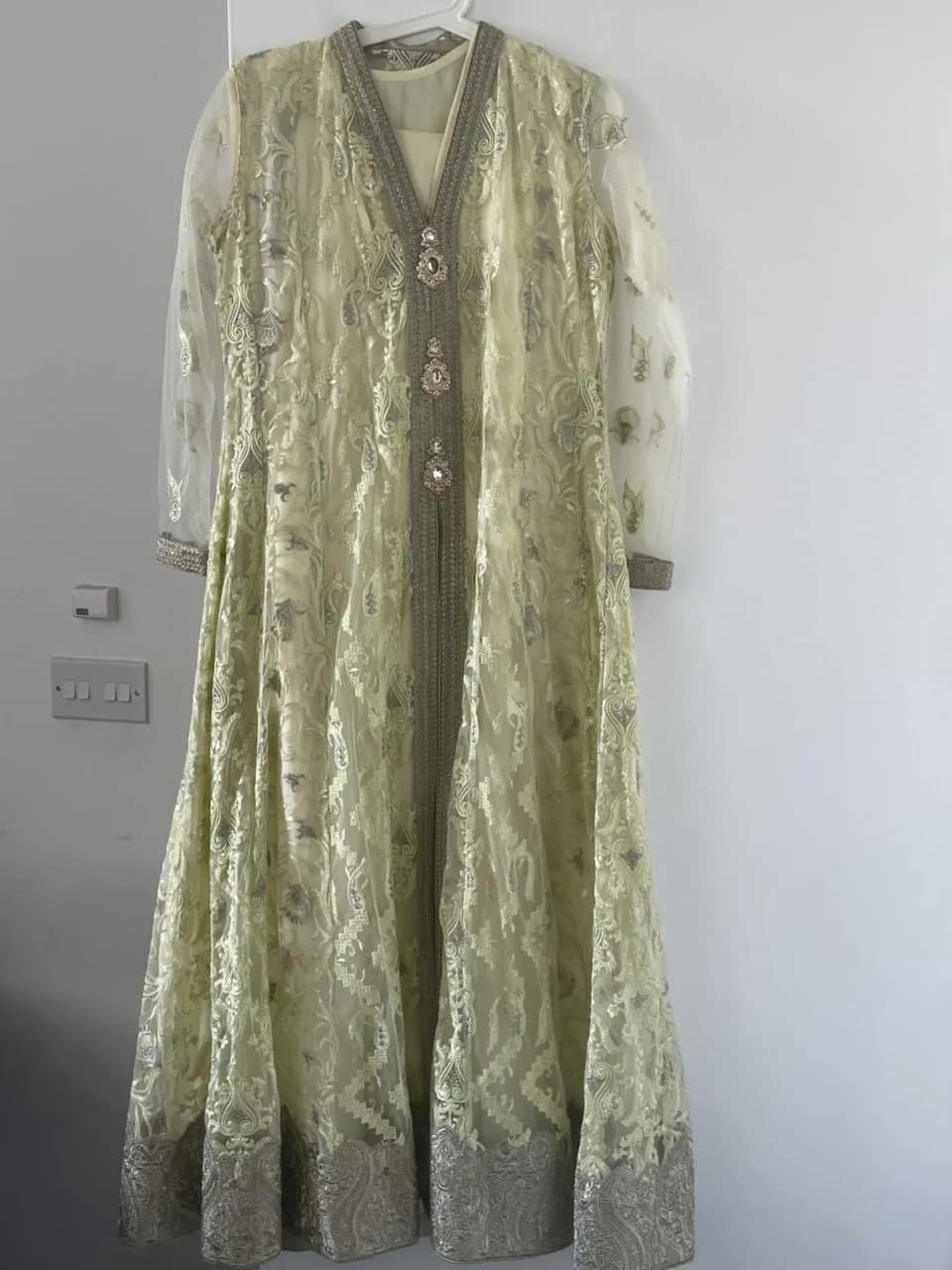 Lime green net long dress with net dupatta and fabric for trousers — image 1