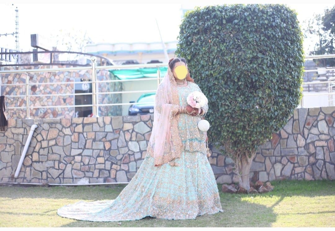 Plus Size Blue Heavily Embroidered Peplum Bridal Lengha with Trail — image 1
