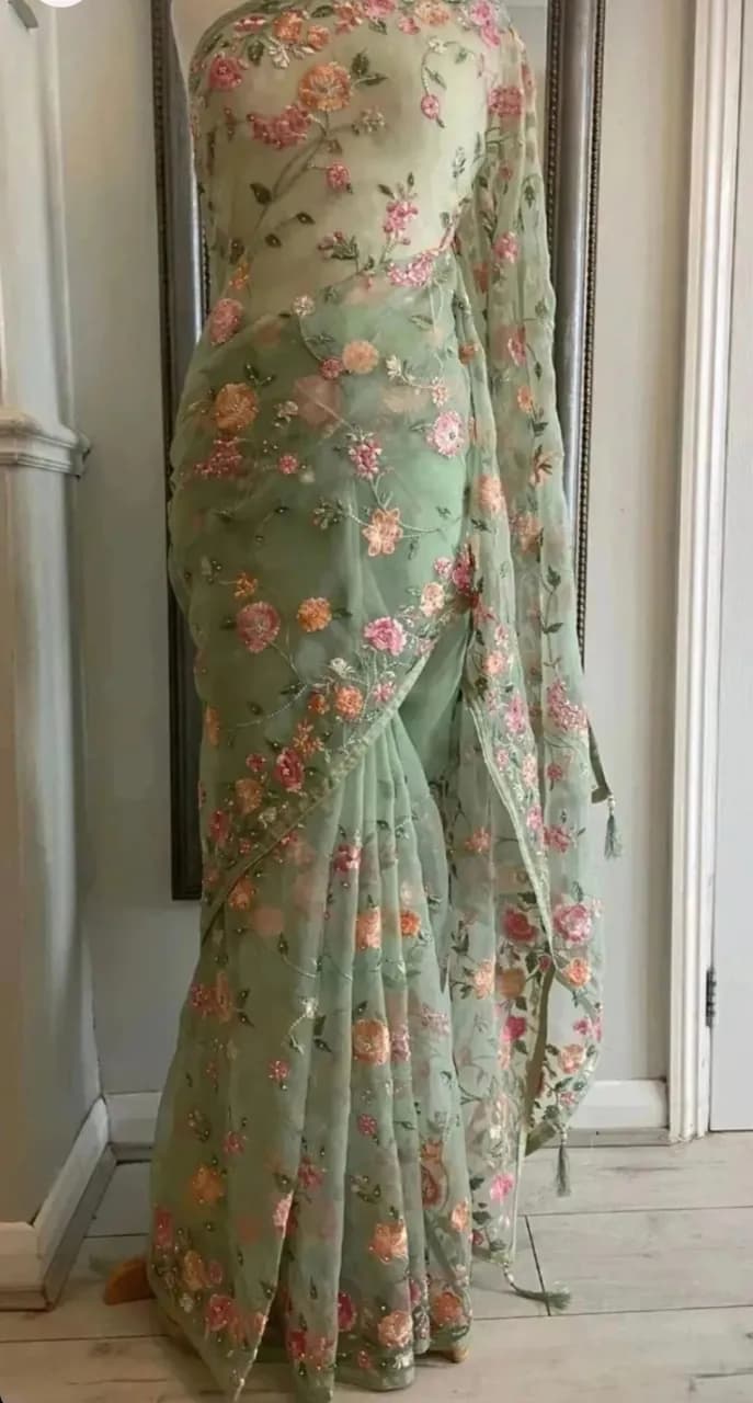 Embellished Organza Saree in Mint Green Unworn — image 1