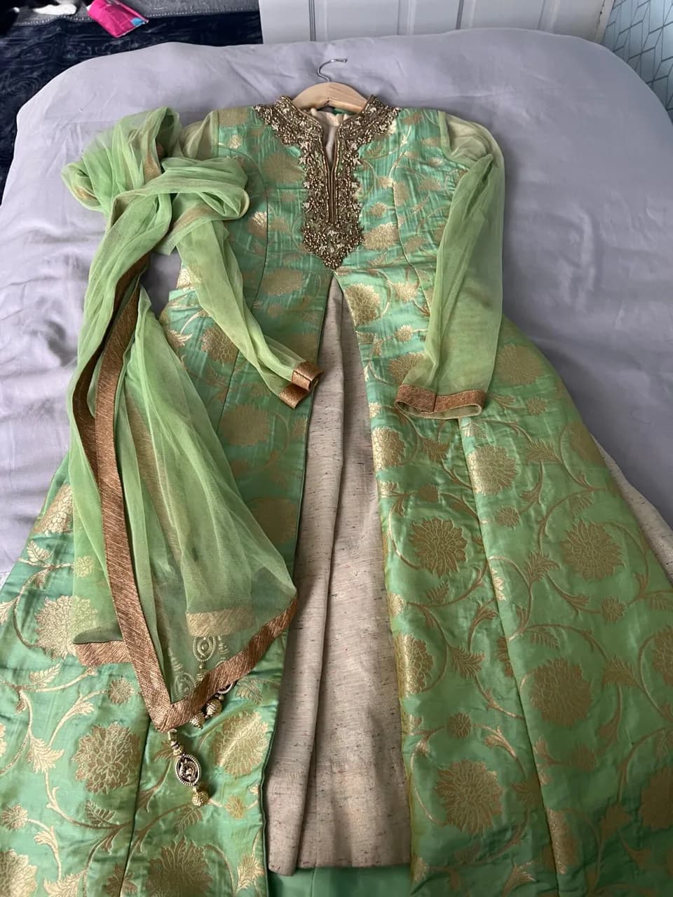 green and beige top and skirt — image 1