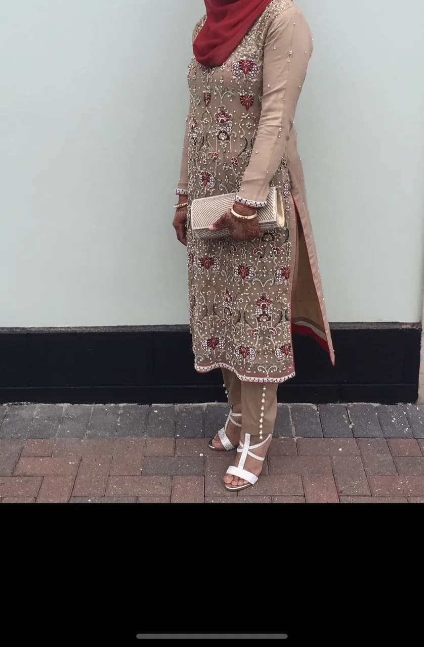 beige and red chiffon party wear suit (3piece) — image 1