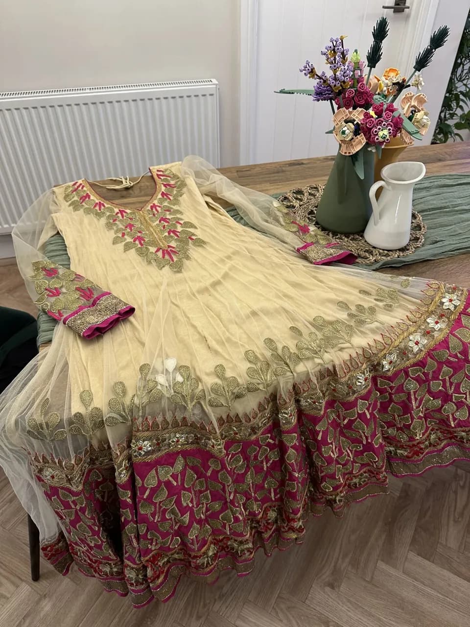 Cream Anarkali with pink flowers — image 1