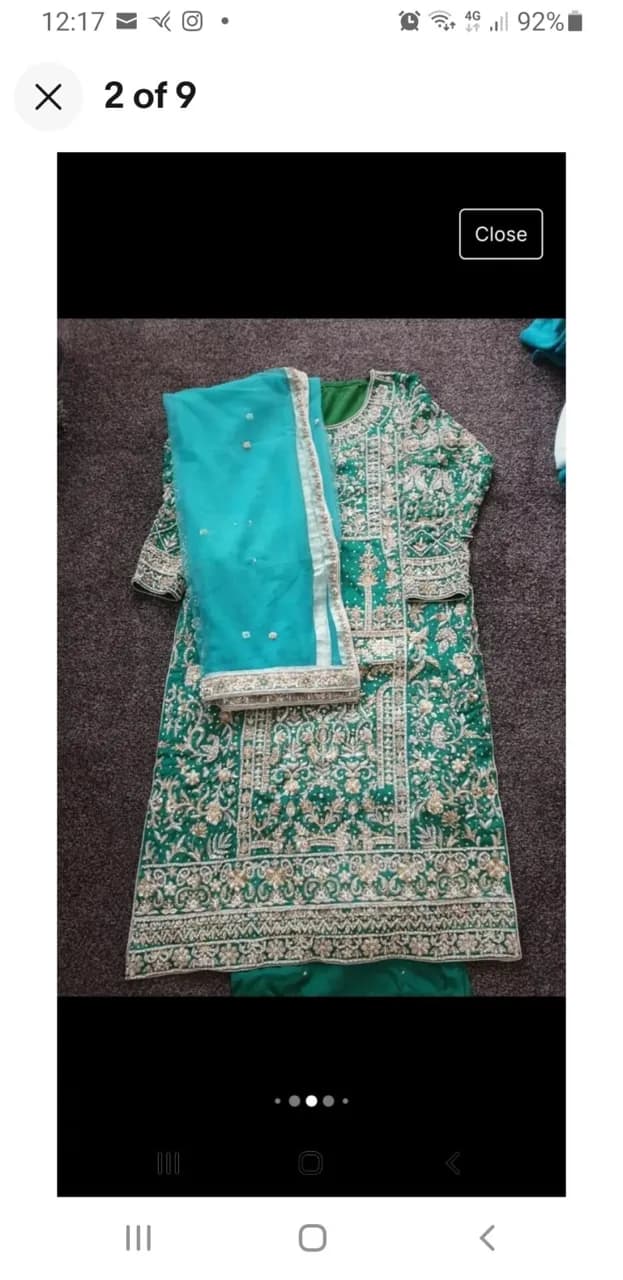 Beautiful green wedding party kameez with flaired trouser and teal net dupatta — image 1